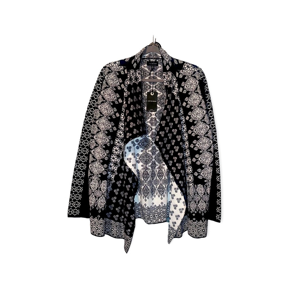 LUCKY BRAND Black & White Aztec Design Waterfall Drape Cardigan Sweater M NWT